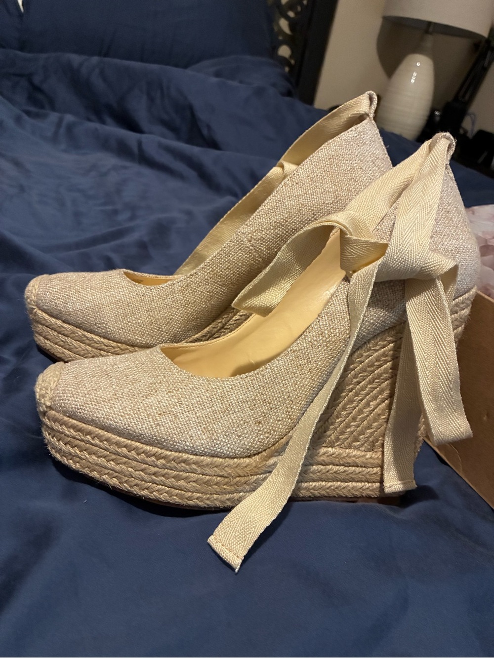 Jessica Simpson Wedge Espadrille Platform Heels with Ankle Tie in Beige